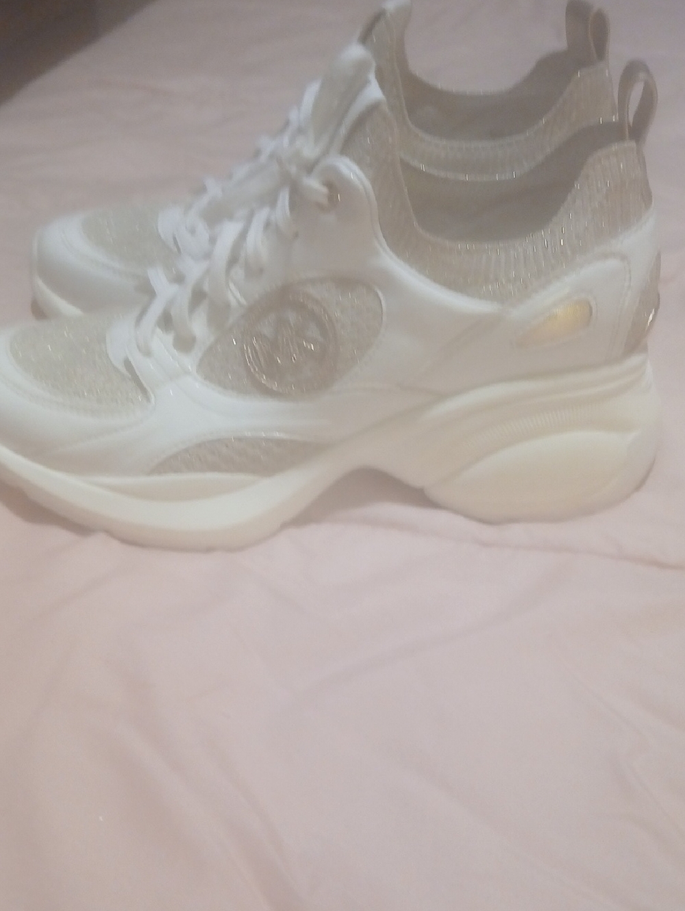 Michael Kors White Platform Knit-Trim Sneakers with Silver Glitter Accents